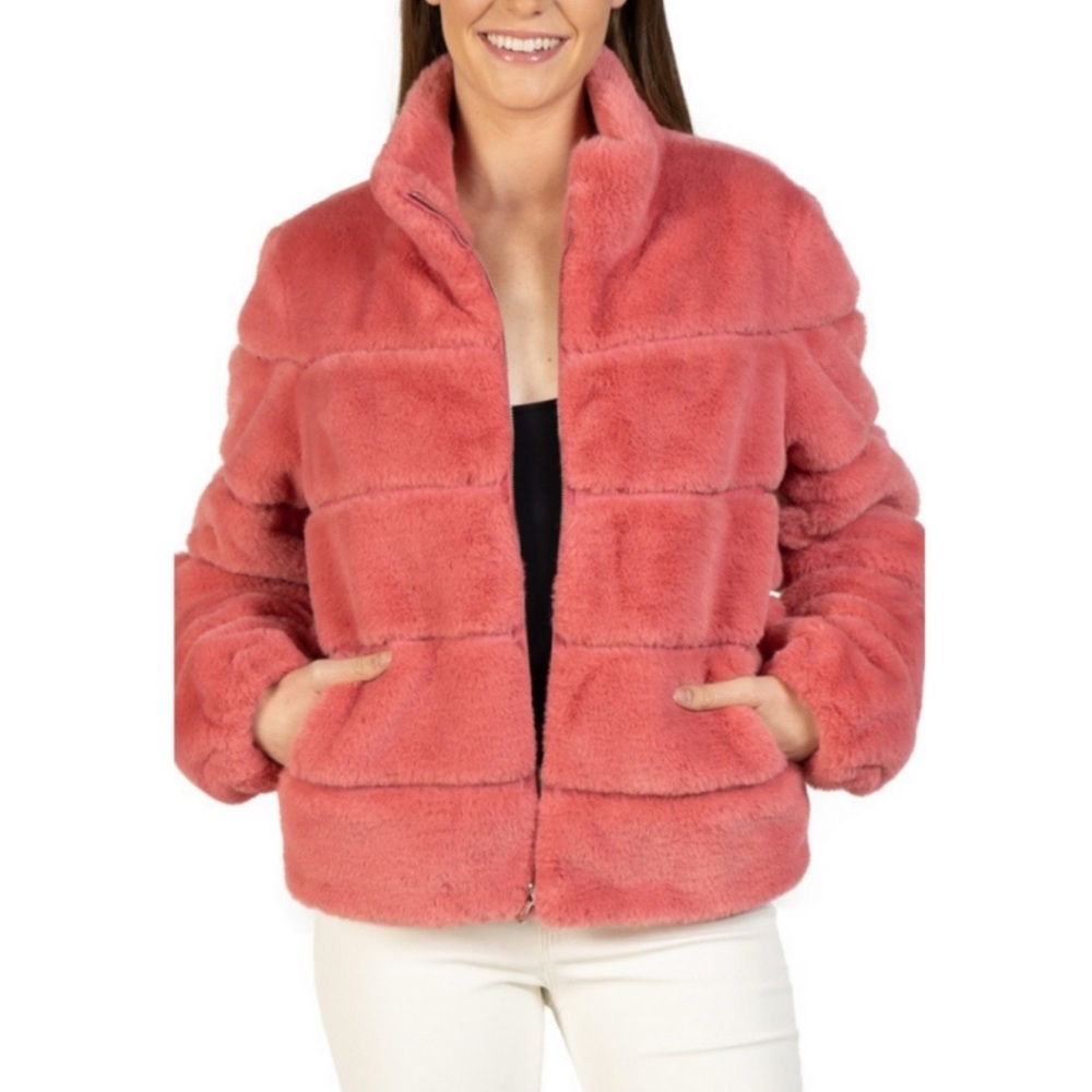 Love Token Jodi Pink Faux Fur Bomber Quilted Jacket SZ M